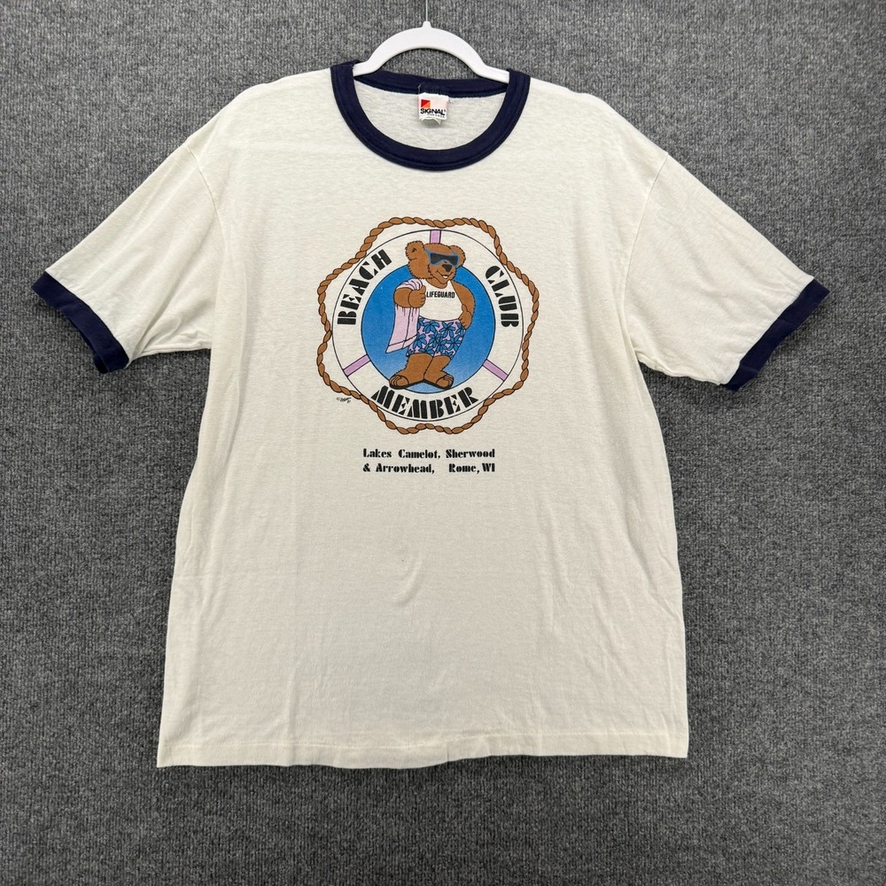 Vintage Signal T Shirt Mens XL White Lifeguard Bear Single Stitch Made USA 1987